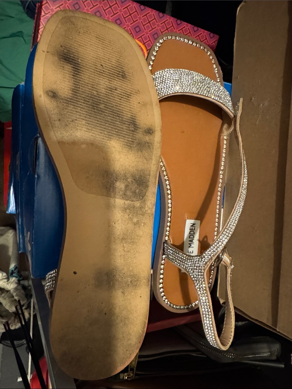 Steve Madden Rose Gold Rhinestone T-Strap Flat Sandals - Picture 3 of 4